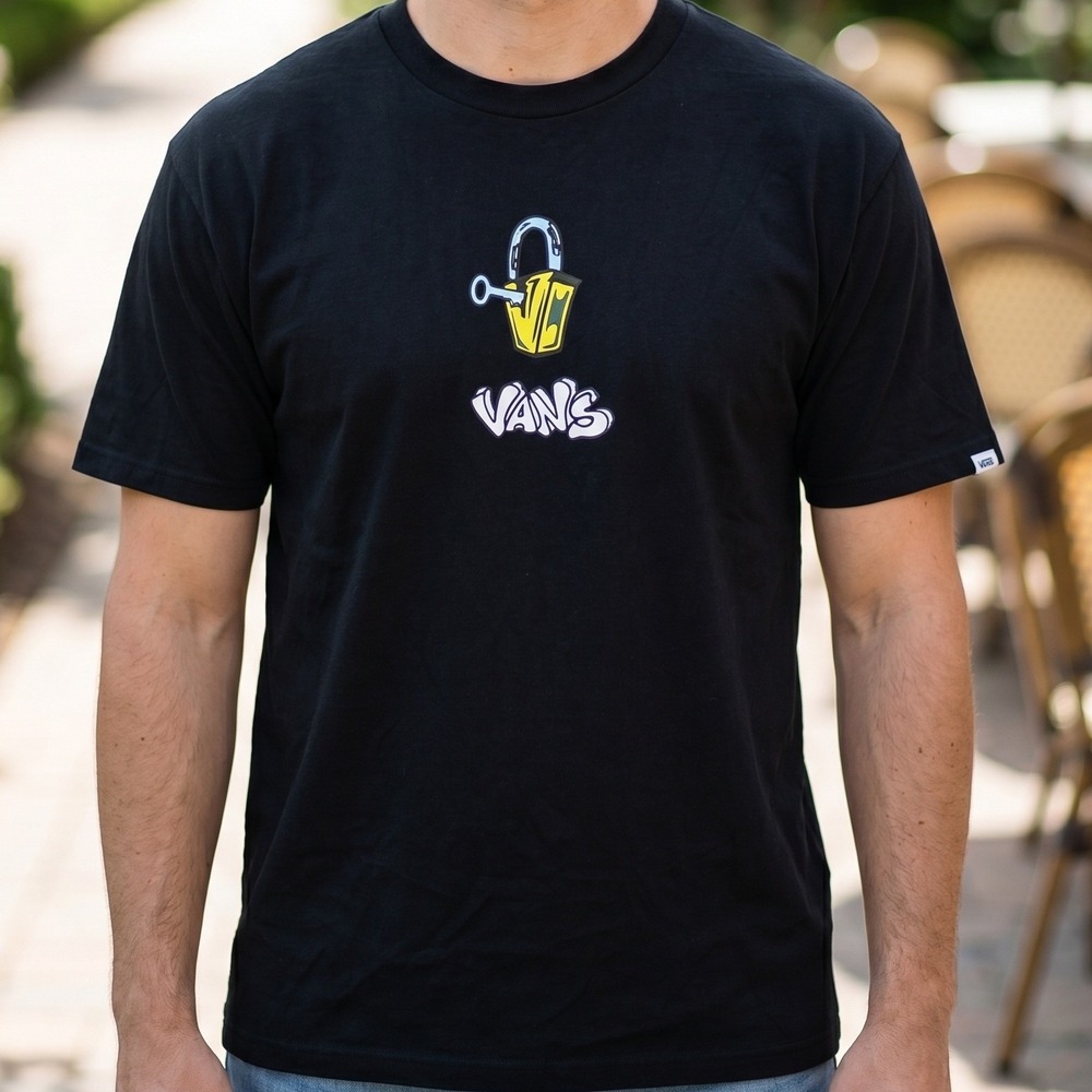 Vans Off The Wall Mens Black Graphic T-Shirt Lock and Key Classic Fit Tee L